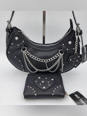 Black Baguette Bag & Wallet With Studs Heart & Chains #1789